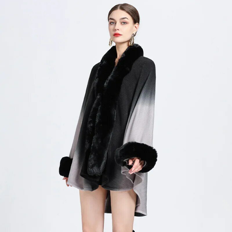 Autumn  Winter New Imitation Otter Rabbit Fur Collar Hanging Dyed Capes  Women Knit  Poncho Lady Capes Red Cloak