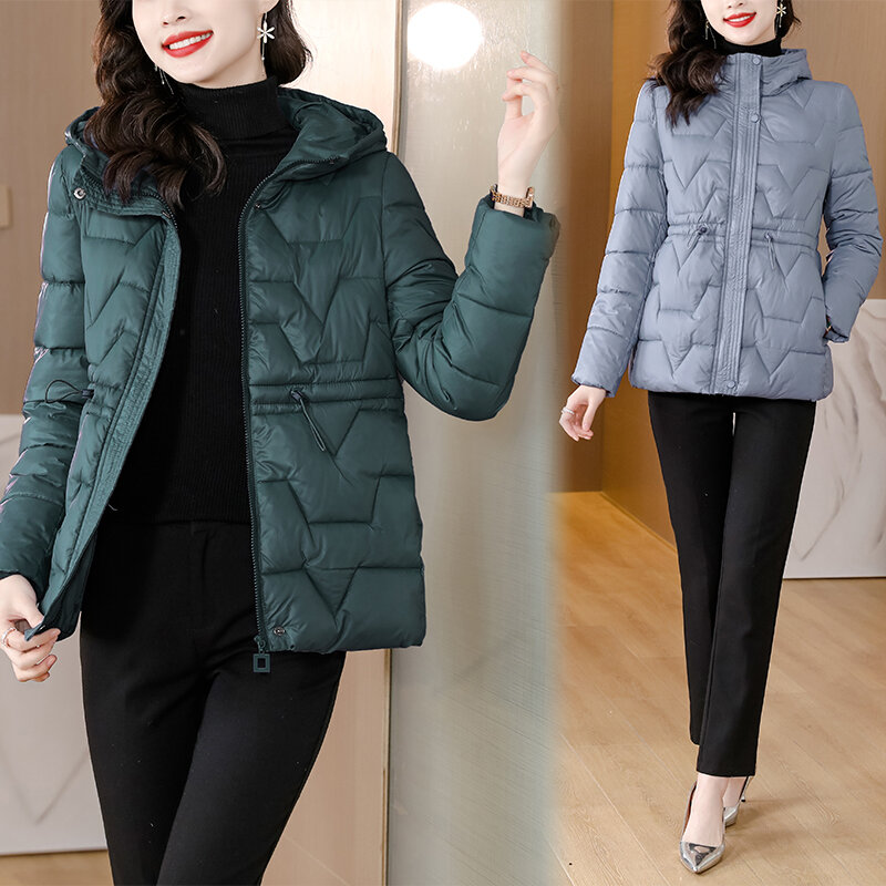 2023 Autumn and Winter New Women's Light and Thin Hooded Cotton Clothes with Waist Wrap for Slimming and Warm Coat