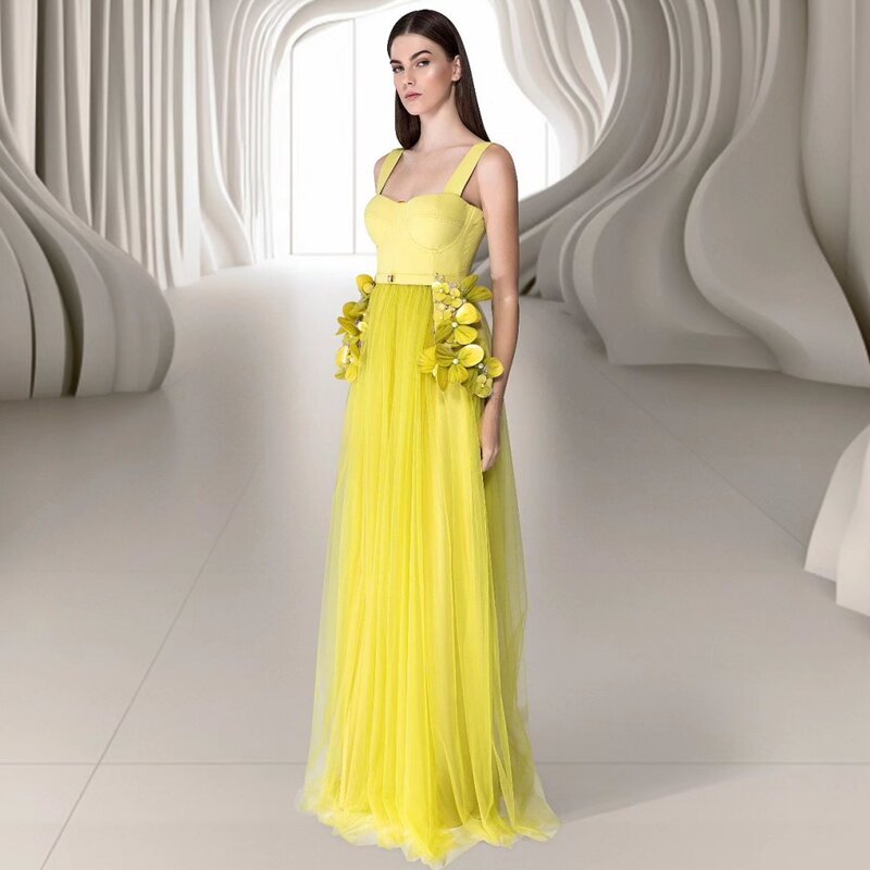 Tulle Flower Pleat Party Straight Square Neck Bespoke Occasion Gown Long Dresses