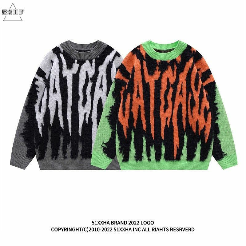Hip-hop trendy brand goes out on the street, contrasting jacquard imitation mink sweater for men, niche retro couple sweater