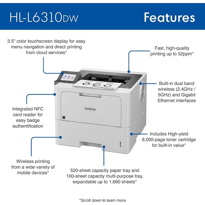 HL-L6310DW 엔터프라이즈 단색 레이저 프린터, 저비용 인쇄, 무선 네트워킹, 대용량 용지