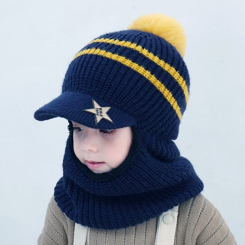 หมวกคลุมด้วยผ้าเด็กวัยหัดเดินเด็กถักหมวกฮู้ดหมวกกะโหลกหมวกฤดูหนาวซับขนแกะ