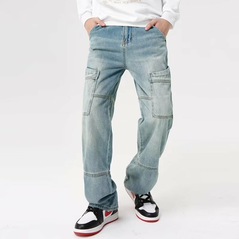 Kpop coreano calças jeans largas masculinas, calças retas, bolsos laterais, roupas casuais, calças jeans elegantes, nova moda, Y2K, 2023