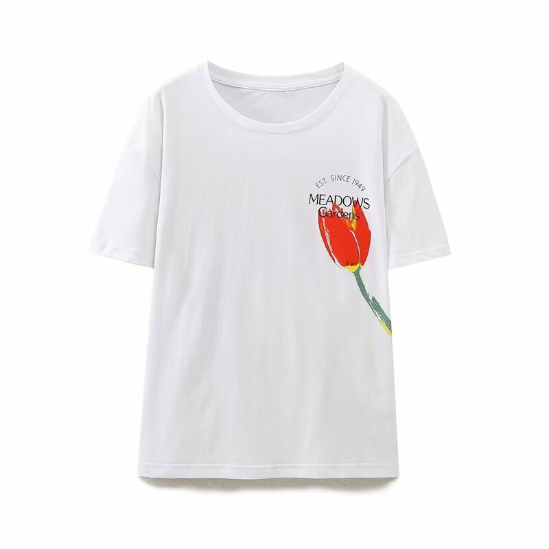 Camiseta con estampado de letras en contraste para mujer, camiseta de manga corta con cuello redondo, camiseta informal holgada de estilo básico, Top 2024