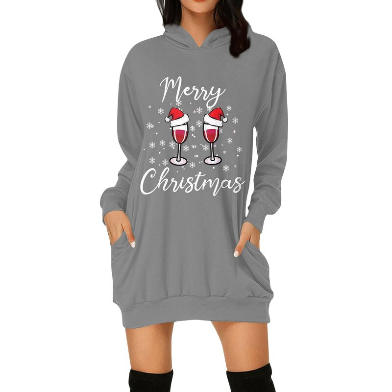 Women's Casual Fashion Christmas Printed Long Sleeved Hoodie Long Style Hoodie Cotton T Shirt Dresses for Women Cotton Dresses