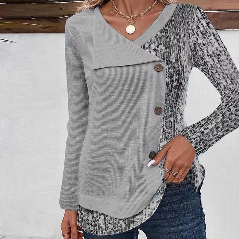 Printed Polyester Top Sequin Patchwork Asymmetric Blouse Fall Spring Women's Button Decor Long Sleeve Casual Pullover Soft Long