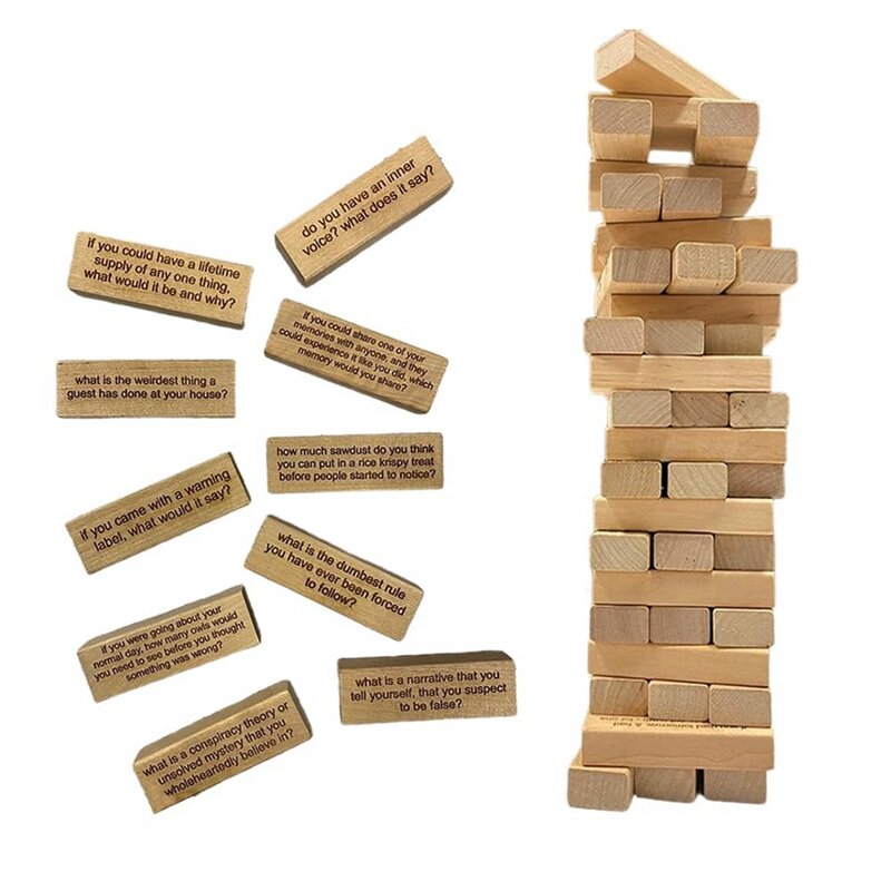 54 szt. Pytań do gry w Tumbling Tower lodołamacz pytania o przewracanie drewna w kolorze drewna, gigantyczna gra w układanie drewna z tablicą wyników