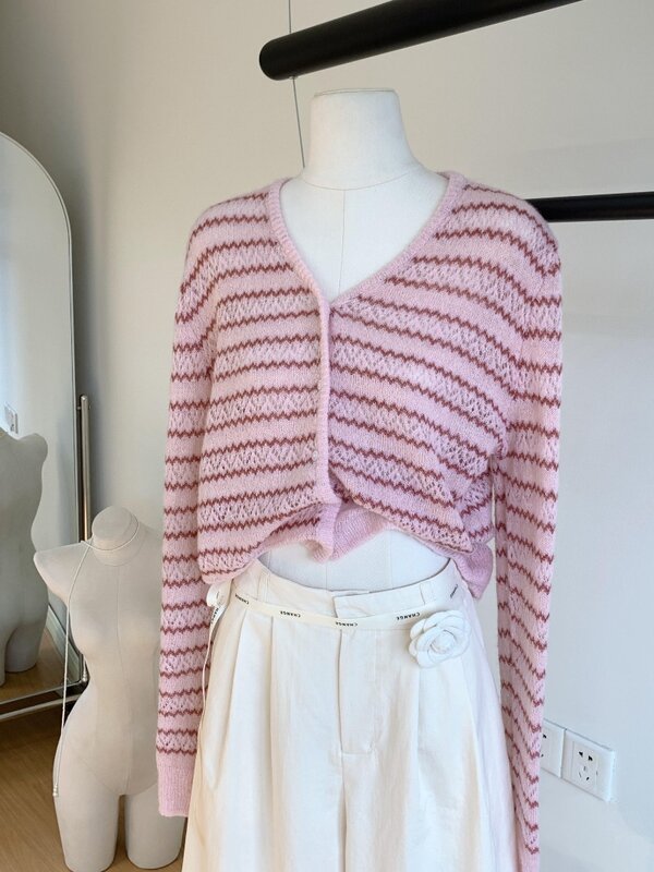 2024 Spring Dopamine Mohair Wool Striped Knitted Cardigan Jacket for Women's Spring New Gentle Girl V-neck Top Female Clothing