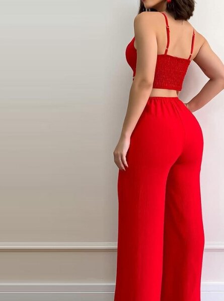 Jumpsuit tali Spaghetti, mode kasual elegan komuter pelangsing pinggang tinggi potongan Shirred punggung terbuka 2023 untuk wanita