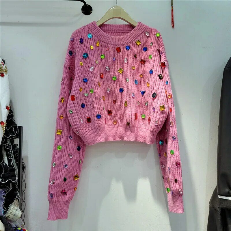 Kohuijoo-ラインストーン付きの女性用ショートコート,長袖の薄いセーター,ハイウエスト,2023