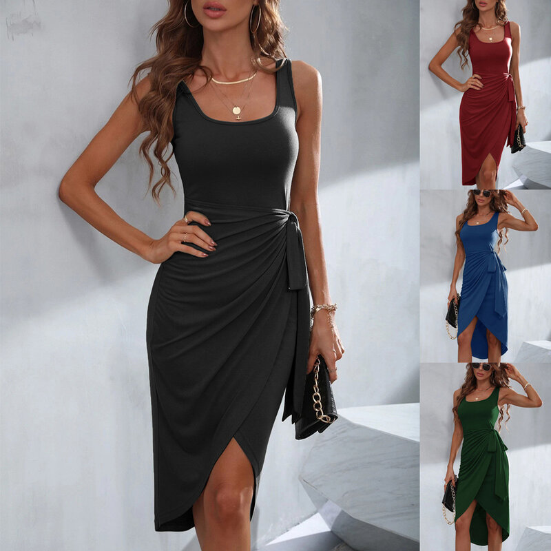 European and American Commuter Style Square Neck Sleeveless Dress Summer New Irregular Pullover Solid Color Dress