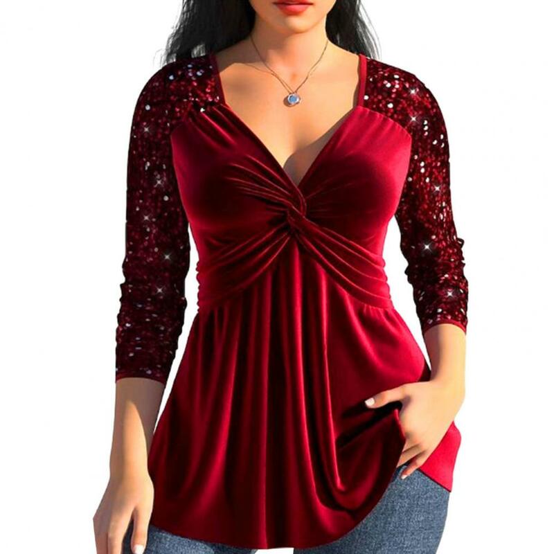 Solid Color Blouse Elegant V-neck Sequin Blouse for Women Long Sleeve Knot Design Party Tops with Loose Hem Luxurious Solid
