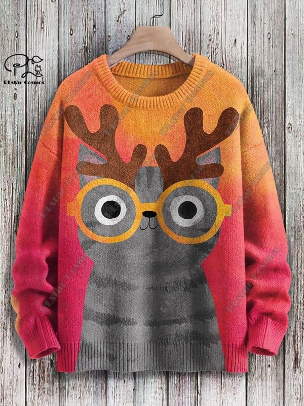 PLstar Cosmos-suéter con estampado 3D de animales para hombre y mujer, suéter con estampado divertido de gato, suéter feo informal de calle para invierno, M-13 unisex