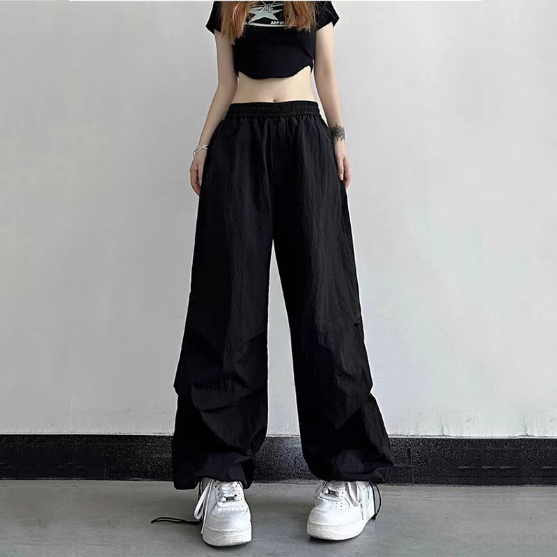Spicy Girl Wide Leg Work Pants Women Summer Thin Quick Drying Solid High Waist Drawstring Pockets Loose Straight Casual Trousers