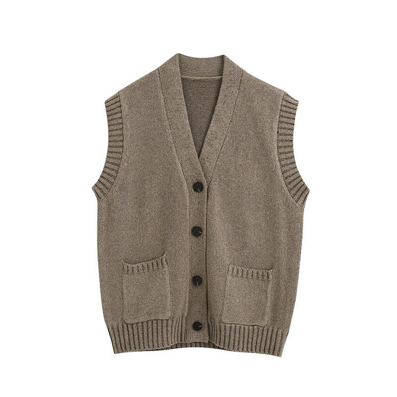 Ladies Sleeveless Vest Spring Sweater Women Pocket Loose Knitted Jumper Casual Autumn Winter Sweater Cardigan Top V Neck Female