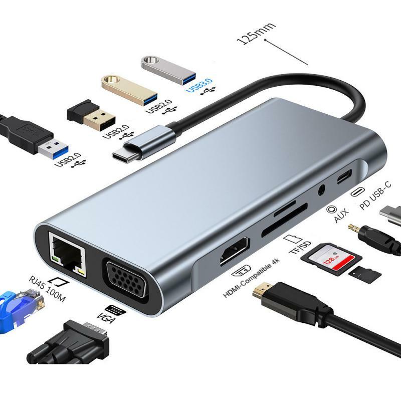 RYRA-concentrador USB tipo C 11 en 1, divisor a HDMI 4K Thunderbolt 3, estación de acoplamiento, adaptador de ordenador portátil con AUX, SD, tarjeta TF, RJ45, VAG HUB