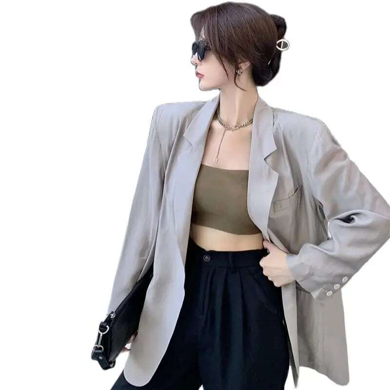 Summer Fashion Girls Blazer Long Sleeves Thin Woven Loose Coat Single Button Soft Solid Color Elegant Korean Lady Coat