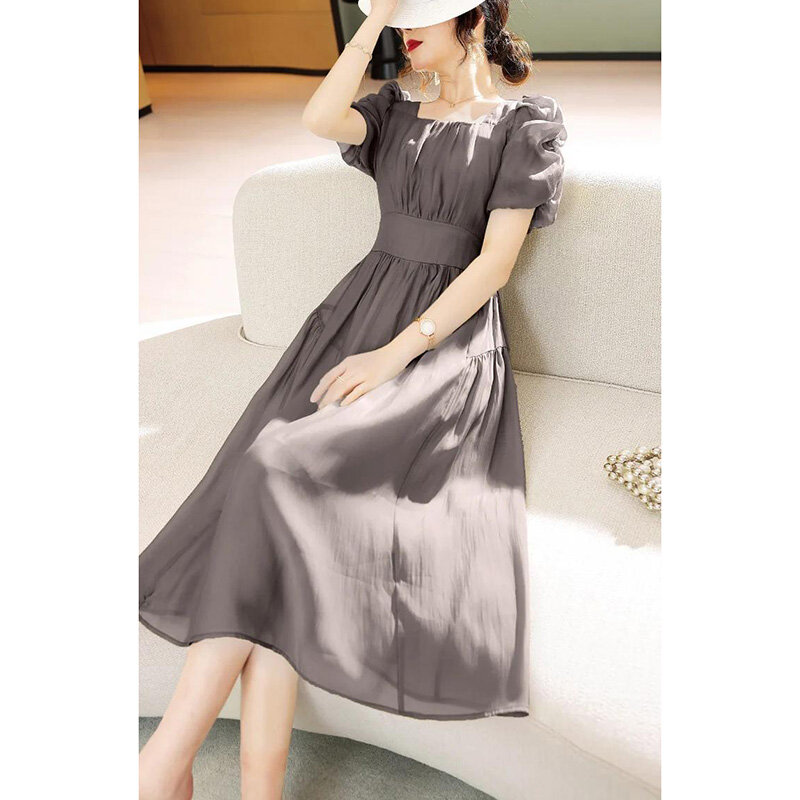 Женское платье средней длины, свободное платье с квадратным вырезом, завязками, бантом и пышными рукавами, Корейская одежда с коротким рукавом, лето 2024