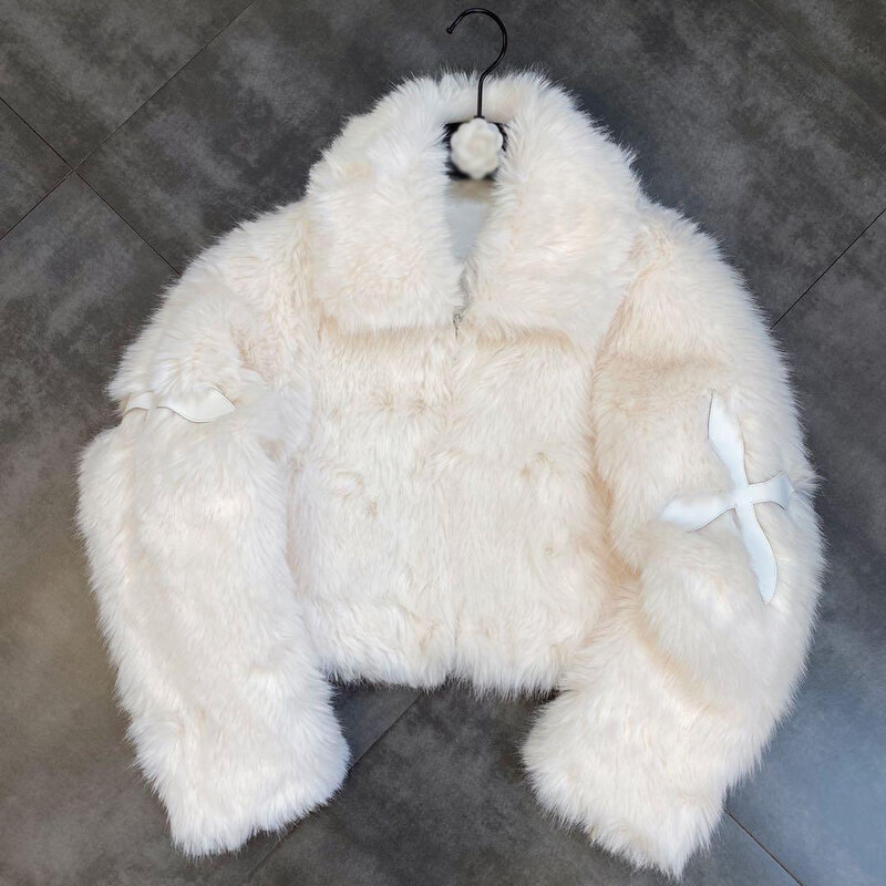 2023 kurtka zimowa damska klapa z długim rękawem Patch PU Cross Fur Cotton Coat