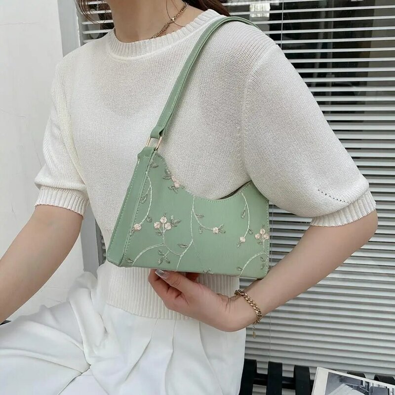 Bolsa de bordado de couro PU para mulheres, Mini sacos coreanos, Pequenos sacos de ombro, Flor doce casual