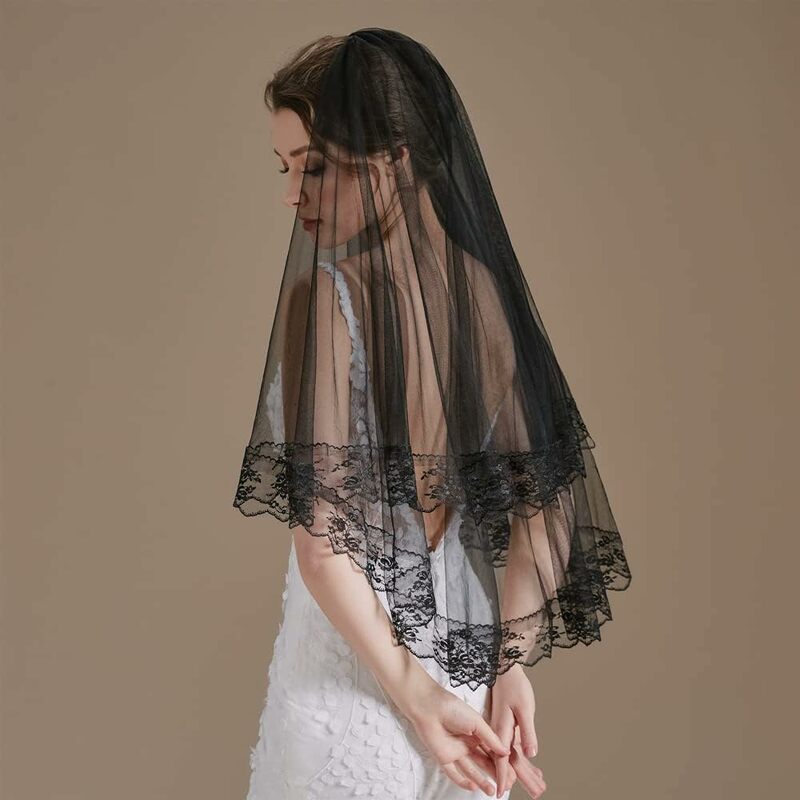 Black Lace Veil Wedding Vintage Veil Halloween Tulle 2 Tiers Costume Cosplay with Iron Comb
