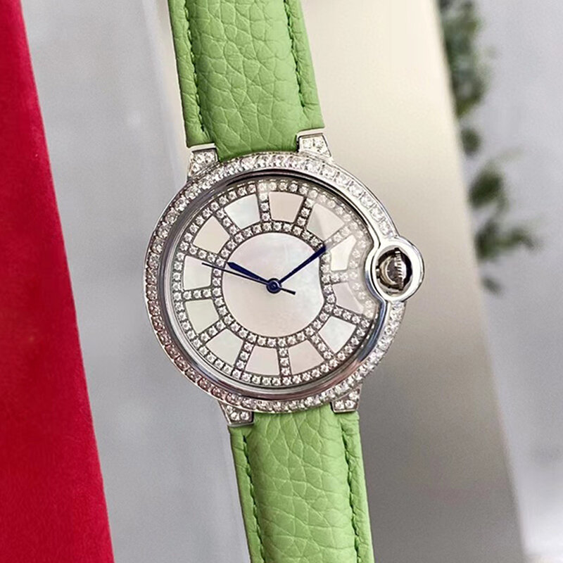 Reloj de cuarzo de lujo con esfera de diamante de cristal para mujer, reloj con correa de cuero, reloj de moda, caja de acero, nuevo diseño, 2024