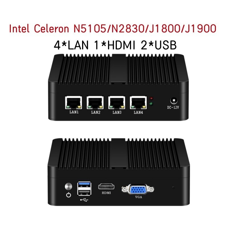 Mini PC tanpa kipas Intel N5105 J1900 J4125 N2830 4LAN Gigabit i211 i225 NICs komputer MINI PfSense Server Firewall kotak Router PC