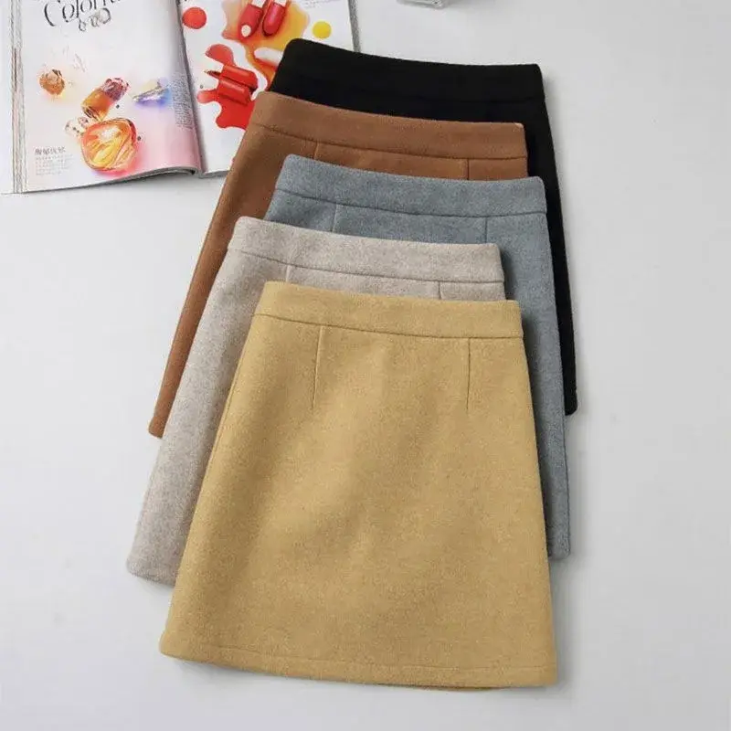 Mini-saia de lã linha A feminina, Wrap Hip, Fashion Coreana, Harajuku, Preto, Inverno, Outono