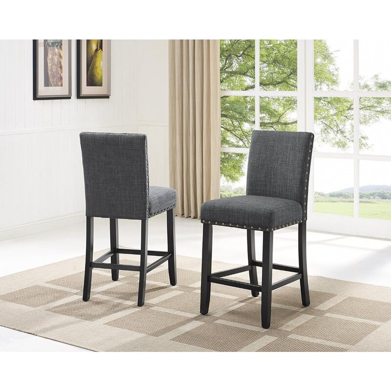Biony Gray Fabric Counter Height Stools with Nailhead Trim, Set of 2