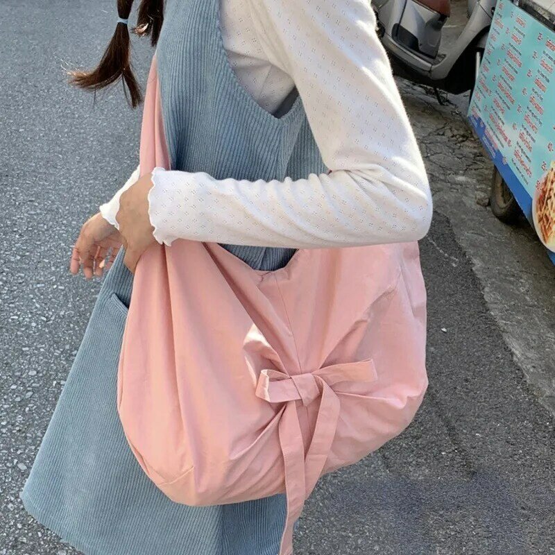 Xiuya Pink Sweet Shoulder Bag for Women Canvas Elegant Korean Style Fashion Crossbody Bag Bow Large Capacity Female New Handbag