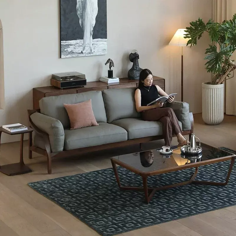 Sofá de cuero de madera maciza, mueble nórdico ligero de lujo para sala de estar, combinación