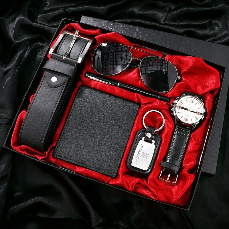 Men Gift Business Luxury Company Mens Set 6 em 1 Watch Glasses Pen Keychain Belt Purse Bem-vindo Holiday Birthday