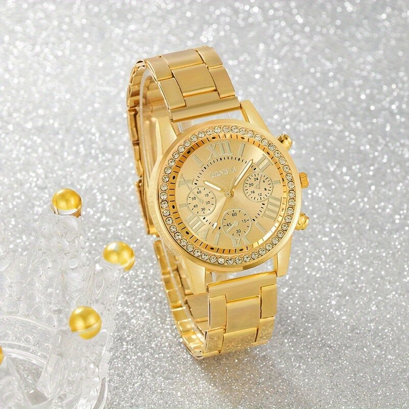 2 Stks/set Dames Luxe Strass Quartz Horloge Gouden Mode Roestvrij Stalen Band Polshorloge & Armband, Cadeau Voor Mama Haar