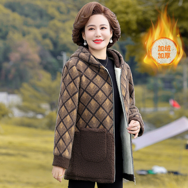 Jaket parka wanita, kualitas tinggi musim dingin tambal sulam kotak-kotak hangat ibu usia sedang bantalan katun mantel panjang pakaian luar