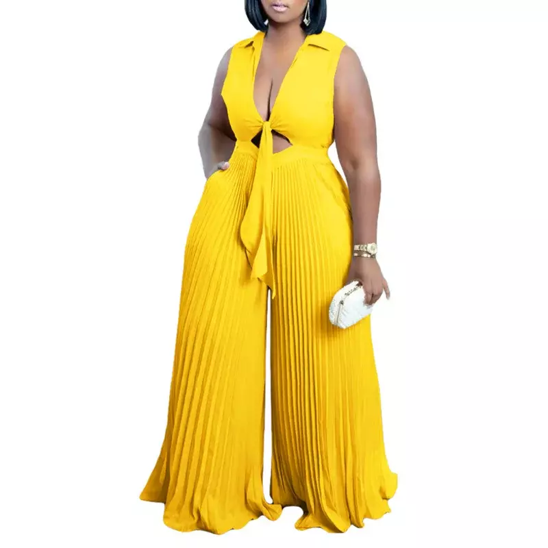 Sexy Pleated Jumpsuits for Women Loose Deep V Neck Hollow Out Sashes Up Sleeveless Wide Leg Pants Party Club Prom Female Outfits