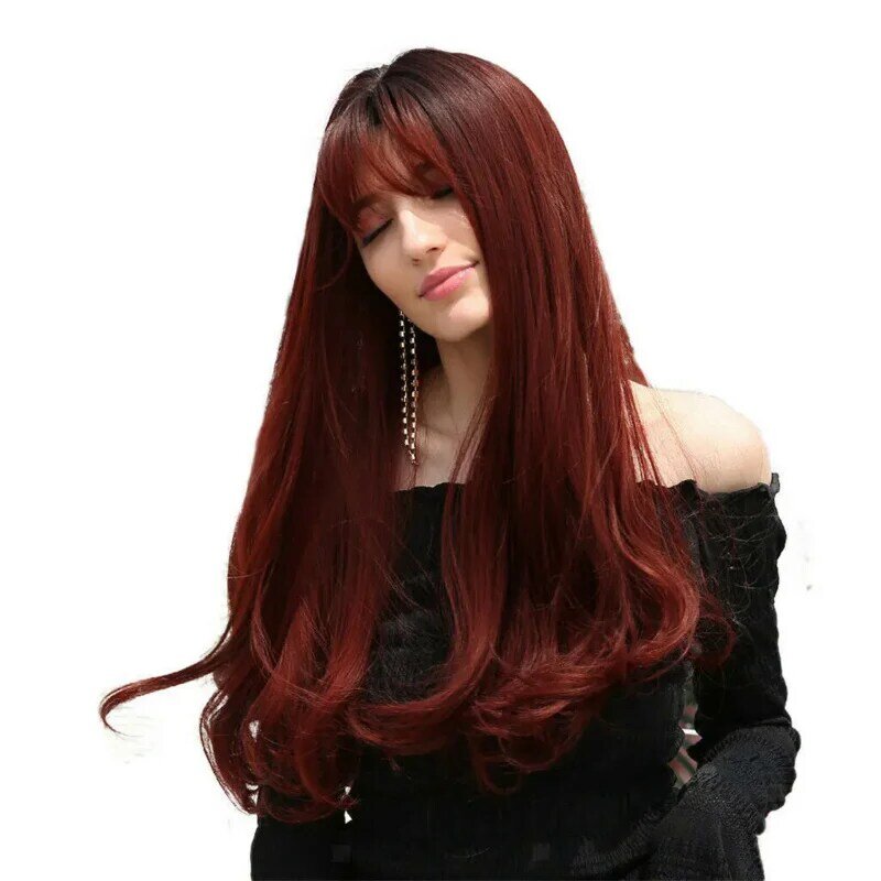 Bla Root Wine Red Women 26" Straight Wavy Wig for Party Cosplay Daily Wear