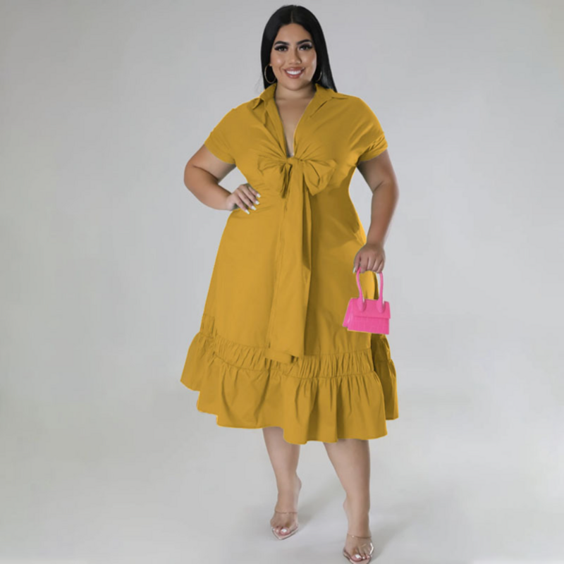 Plus Size Casual Rüschen Kleid XL-5XL V-Ausschnitt Kurzarm Schnürung Pilz Saum Halbkleider Streetwear Casual Frauen Vestidos 2023
