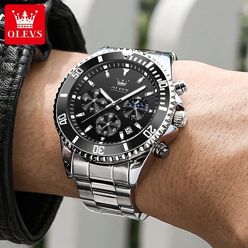 นาฬิกาผู้ชาย OLEVS สแตนเลสหน้าปัดใหญ่หมุนได้กันน้ำวันที่นาฬิกาควอตซ์แบบอะนาล็อกนาฬิกาข้อมือธุรกิจแฟชั่นสำหรับผู้ชาย