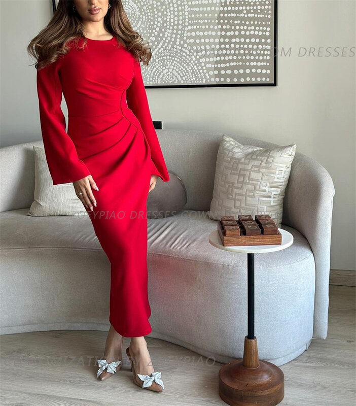 Красное короткое платье с круглым вырезом для выпускного вечера в Дубае, женские платья длиной ниже колена с длинными рукавами, вечерние платья-футляры, арабские платья на заказ