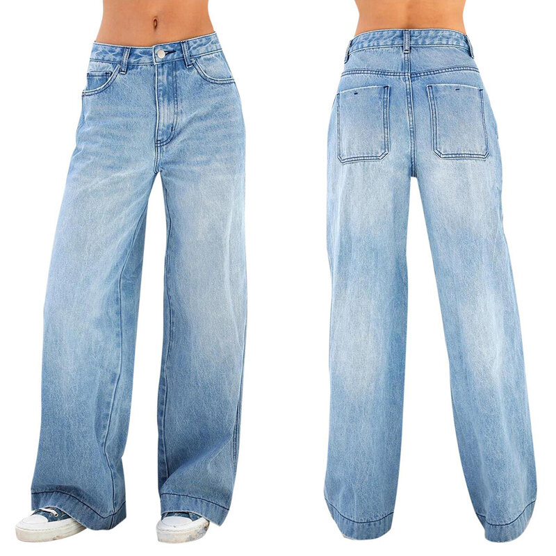 بنطال جينز واسع الساق عالي الخصر للنساء ، فضفاض ، ساق مستقيمة ، صغير ، بطول الأرضية ، كاجوال ، الربيع والصيف ،