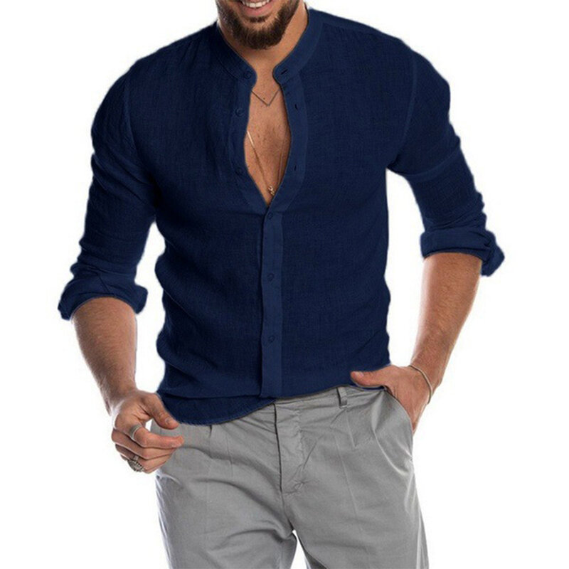 Lässige Herren Baumwoll Leinen hemden Langarm Einreiher Knopf Stehkragen Baggy Solid Tops Hemd und Bluse männliche Kleidung
