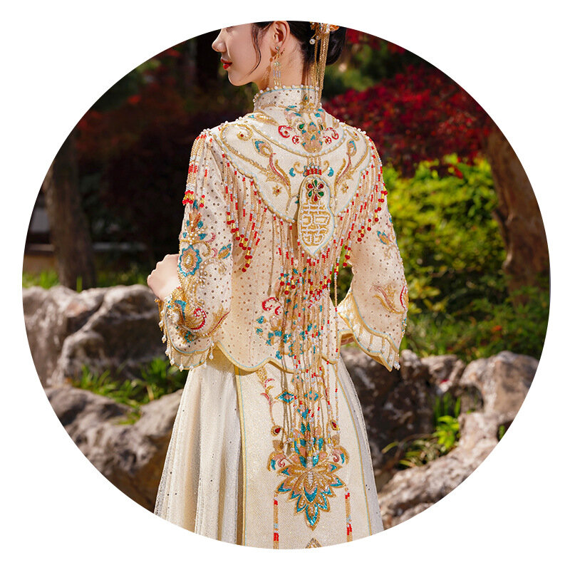 Gaun pengantin Xiuhe, gaun pernikahan Tiongkok baru, gaun naga dan Phoenix, gaun pernikahan musim panas ramping