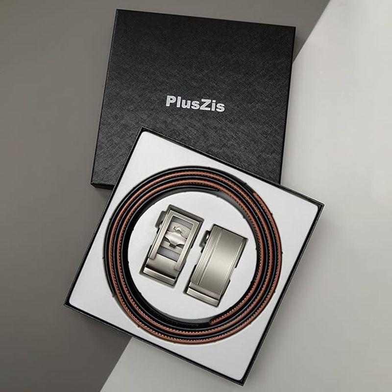 PlusZis Black with Automatic Buckle Brown Automatic Buckle Two Pack Men's Leather Ratchet  Fashion Business Dress Belt
