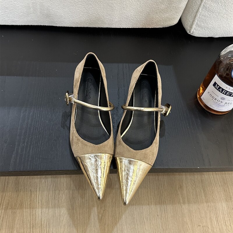 Elegant and Sophisticated Single Suede Patchwork Single Shoe Women's New Light Luxury Style Shallow Cut Flat Belt High Heels
