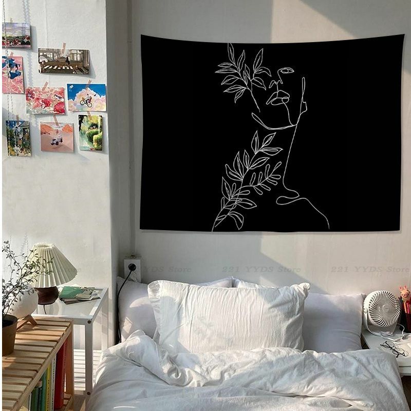 Abstracte Zwarte Lijn Vrouwen Gezicht Anime Wandtapijt Woondecoratie Hippie Bohemian Decoratie Waarzeggerij Ins Home Decor