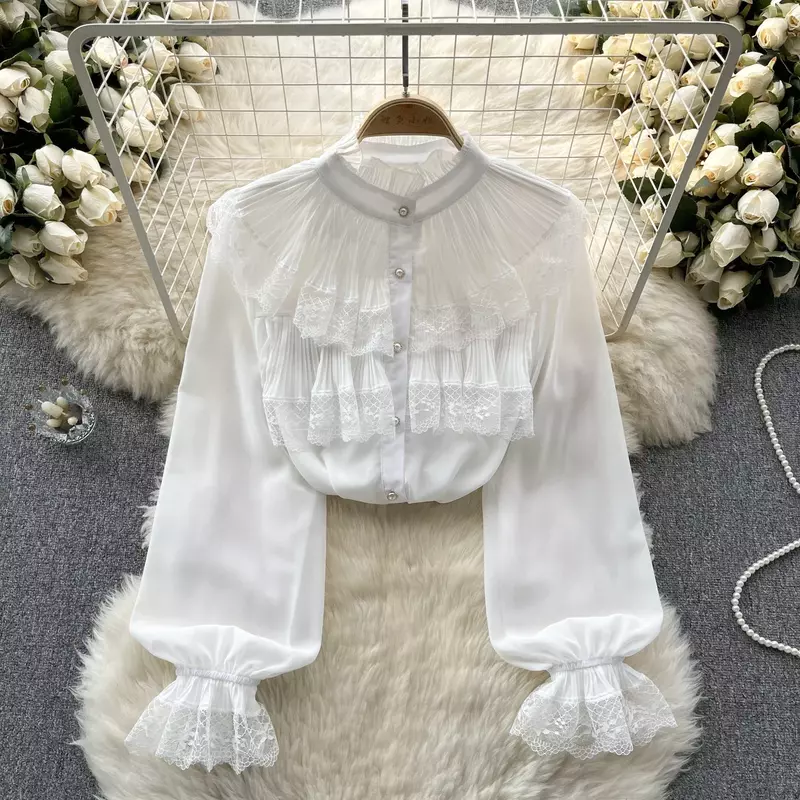 Wiosenna nowa elegancka francuska bluzka damska Temperament słodkie falbany luźne bluzki typu Streetwear z długim rękawem koszule
