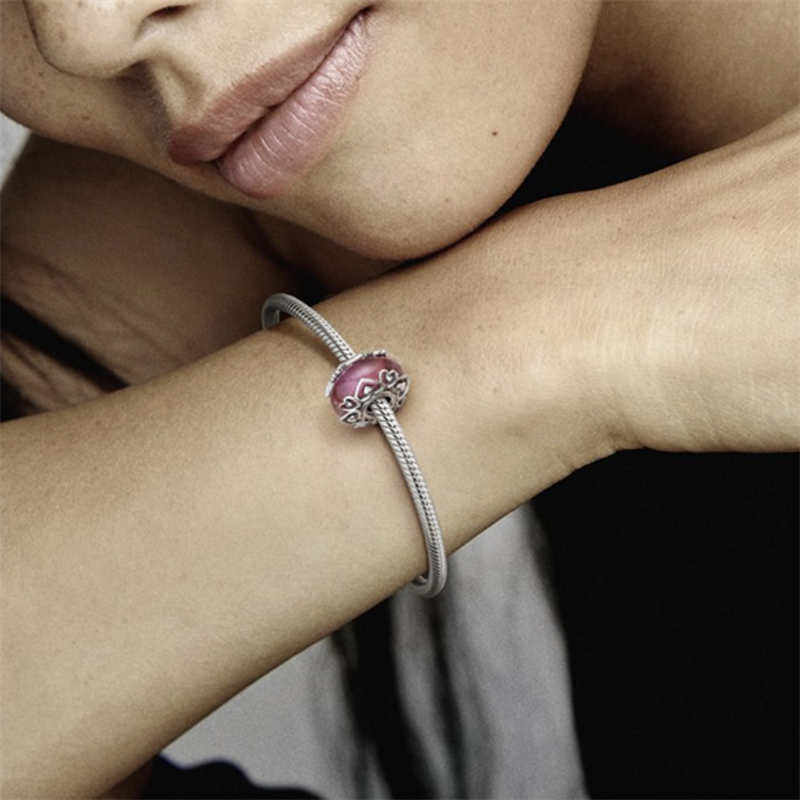 925 Sterling Silver Pink Series Charm Bead diskon besar liontin perhiasan Cocok asli gelang Pandora/kalung klip tas kaca Murano