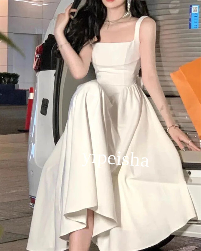 Jersey Bow Pleat Prom  A-line  Square Neck Bespoke Occasion Gown Midi Dresses