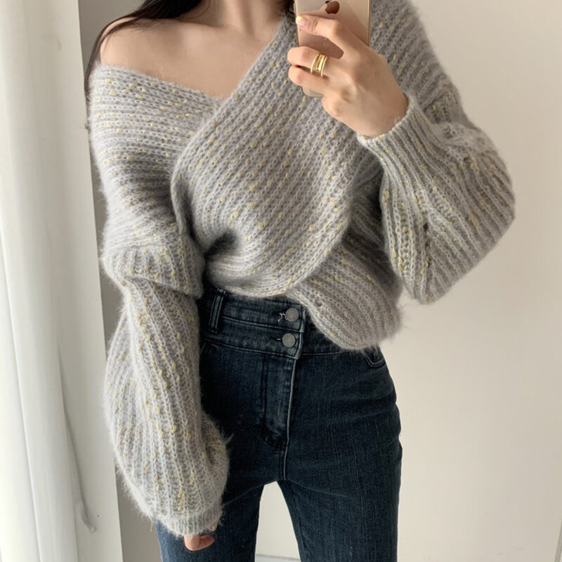 Cross V-Neck Asymmetrical Knitted Women Sweater Pullovers Autumn Winter Loose Elegant Solid Thicken Female Pulls Outwear  Tops