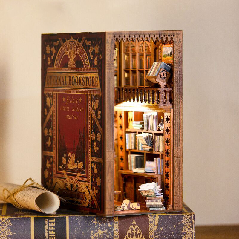 CUTEBEE – Puzzle 3D, Kit de bricolage de coin de livre, librairie éternelle, maison de poupée en bois avec modèle de construction de pharmacien magique légère, jouets pour cadeaux
